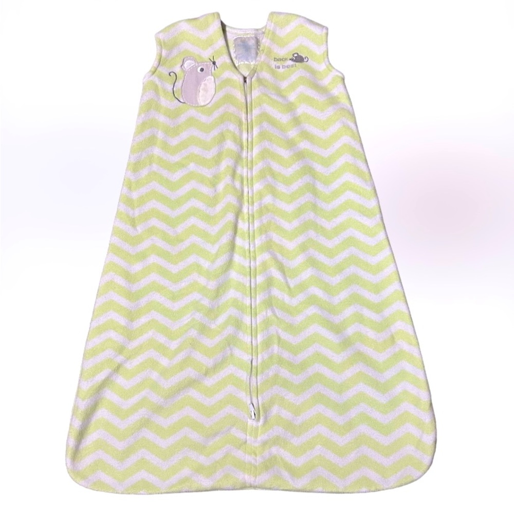 HALO SLEEPSACK Fleece Wearable Blanket “Back is Best"Green/White Chevron Stripes